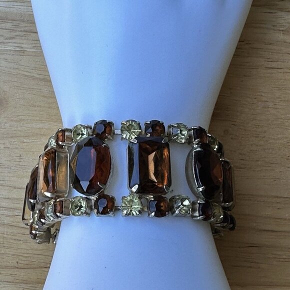 Vintage Link Bracelet Size 7 Amber Yellow Rhinestones‎ Crystal Glass Gold Plated - Picture 5 of 8